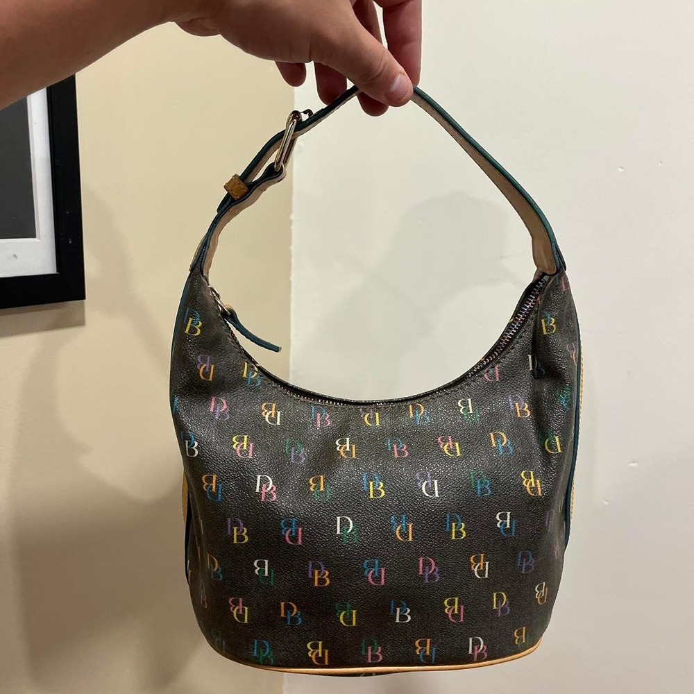 Y2K 2000s All Over Print Multicolor Monogram Dooney & Bourke Hobo Shoulder Bag